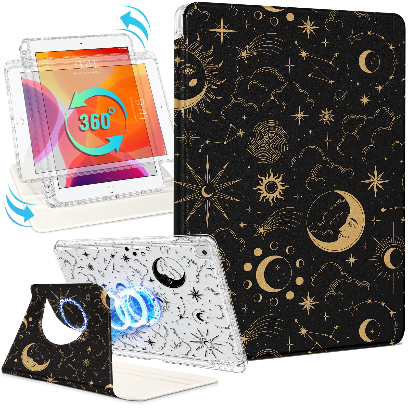 Photo 1 of Shorogyt for iPad 9th/8th/7th Generation 10.2 Inch Case Magnetic Stand for Women - Cute Design 360 Degree Rotating Covers Girls Aesthetic with Pencil Holder for Apple i Pad 9/8/7 Gen,Sun Moon