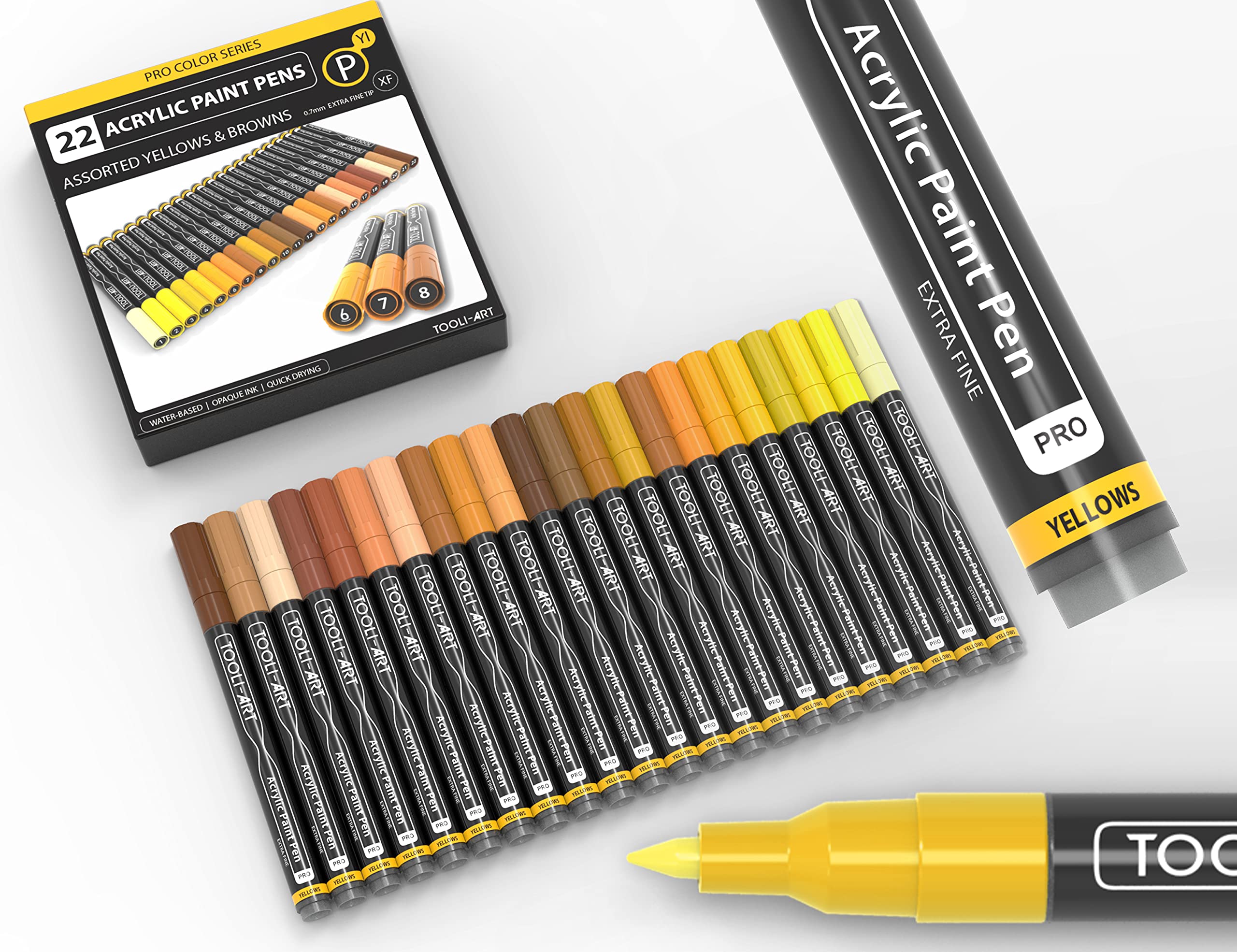 Acrylic Paint Pens 22 Yellow & Brown Tones Assorted Pro Color Series Markers Set 0.7mm Extra Fine Tip for Rock Painting, Glass, Mugs, Wood, Metal, Canvas, Projects, Non Toxic, Waterbased, Quick Drying