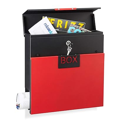 Relaxdays Briefkasten Edelstahl, mit Schloss, mit Zeitungsrolle, Din A4, Design Postkasten, HBT: 37 x 37 x 11 cm, rot