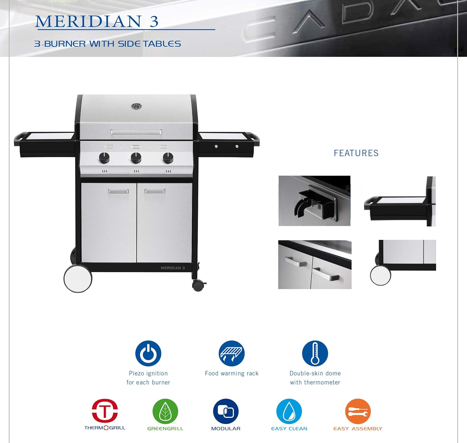 review Cadac, 2-Door Cart, and Side Tables, Stainless Steel, 98510-31-01-US Meridian 3 Propane Gas BBQ Grill with 3 Burners