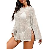 Lilosy Sexy Crochet Sheer Slit Long Sleeve Beach Dress Bathing Suit Swim Coverup Bikini Top Bottom 3 Piece Set