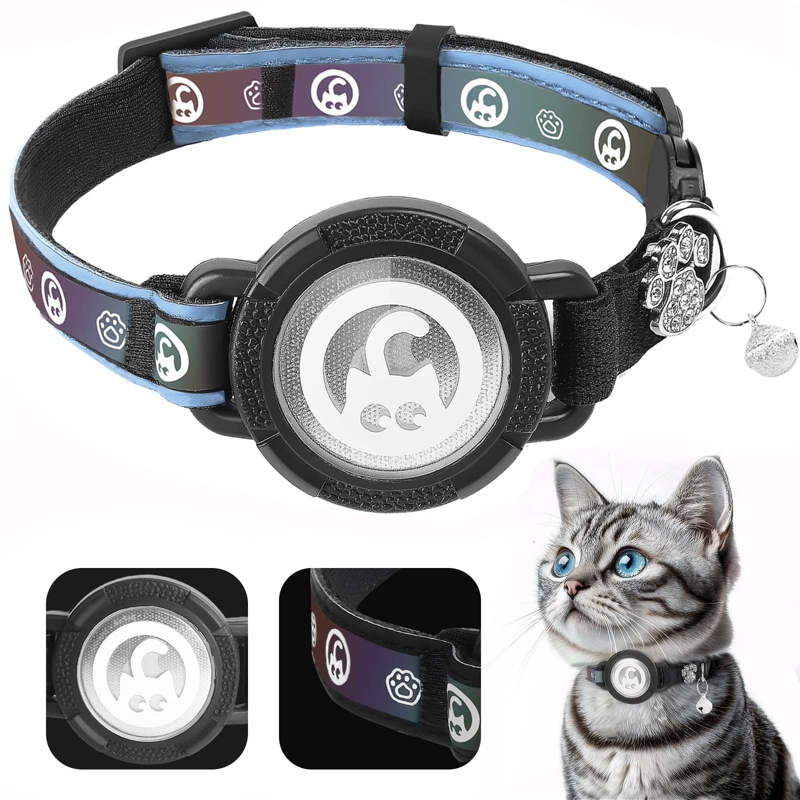 PALAMEDE for Airtag Cat Collar | Waterproof Cat Collar Airtag Holder - Breakaway Cat Airtag Collar with Bells, Cute Diamond Paw, Reflective, Lightweight GPS Cat for Cat, Kitten Blue, XS(19-22CM)