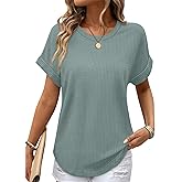 Sampeel Summer Tops for Women 2026 Trendy Rolled Short Sleeve Shirts Waffle Knit Crew Neck Tops Curved Hem Fashion Clothing