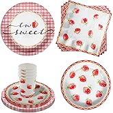Two Sweet Strawberry Birthday Party Supplies - 64 Piece Girls Second Birthday Tableware Set Includes Large 9" Dinner Plates and 8" Dessert Paper Plates Napkins Cups - Kit for 16