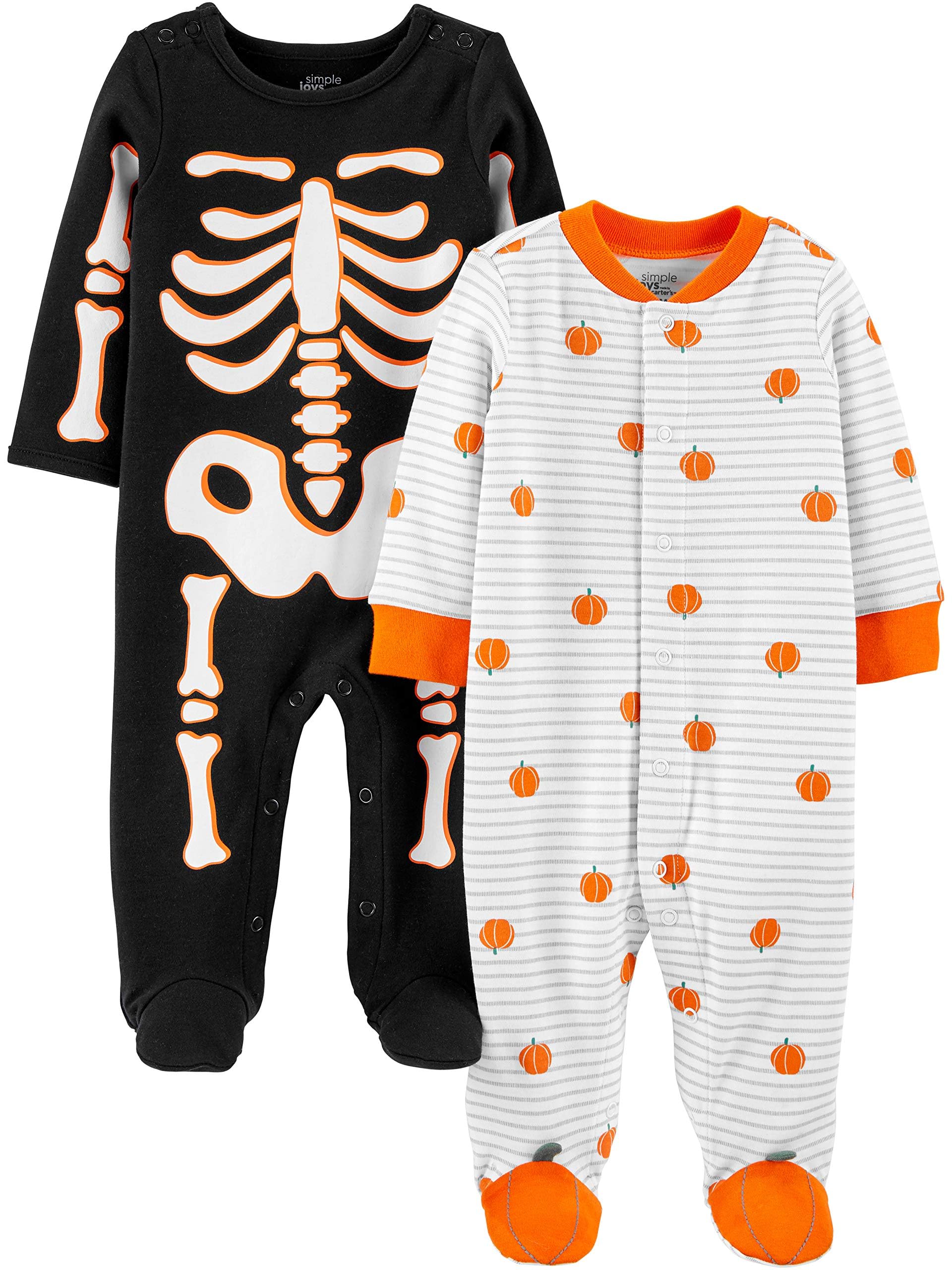 Simple Joys by Carter's Unisex Babies' Halloween Cotton Snap Footed Sleep and Play, Pack of 2, Halloween Pumpkin/Skeleton, Premature