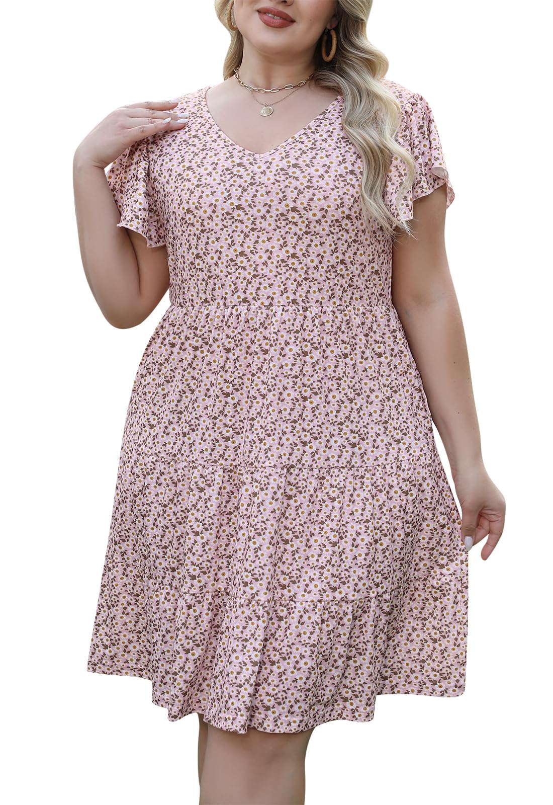 Celkuser Women's Plus Size Casual Summer Dresses Ruffle Sleeve Tiered Loose Fit Midi T-Shirt Dress with Pockets(cel137,26,pinkwhit) Image