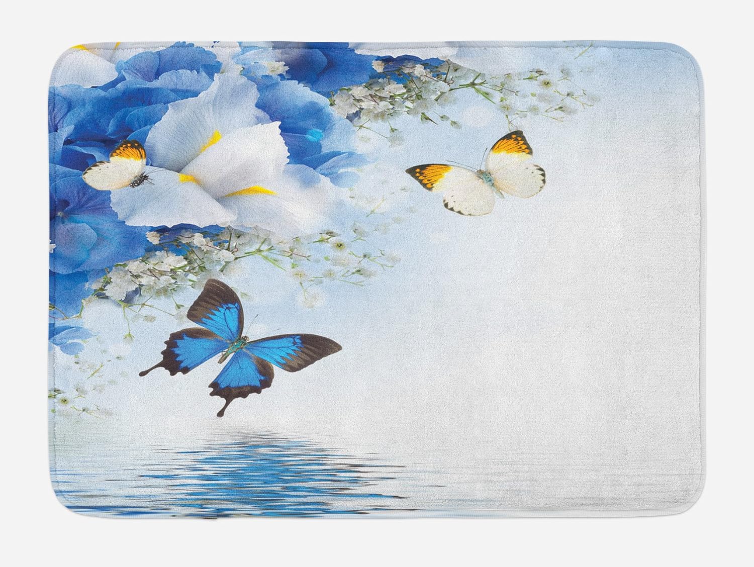 Ambesonne Floral Bath Mat, Blue and White Wild Flowers with Monarch Butterflies Lily Therapy Zen Spa Art Prints, Plush Bathroom Decor Mat with Non Slip Backing, 29.5 W X 17.5 L Inches, Pale Blue