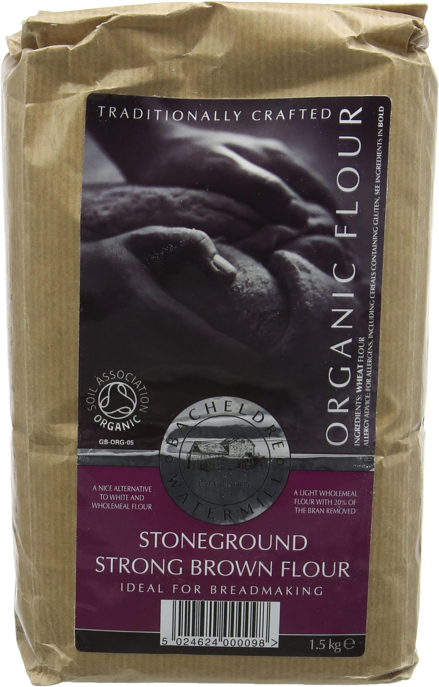 Bacheldre Watermill Organic Stoneground Strong Brown Flour 1.5 kg (Pack of 4)