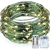 Mudder Christmas Battery Operated String Lights Outdoor Green Fairy String Waterproof Starry Fairy Lights with 8 Modes Remote Control Timer for Garden Room Christmas Tree(33ft,Green and Warm White)