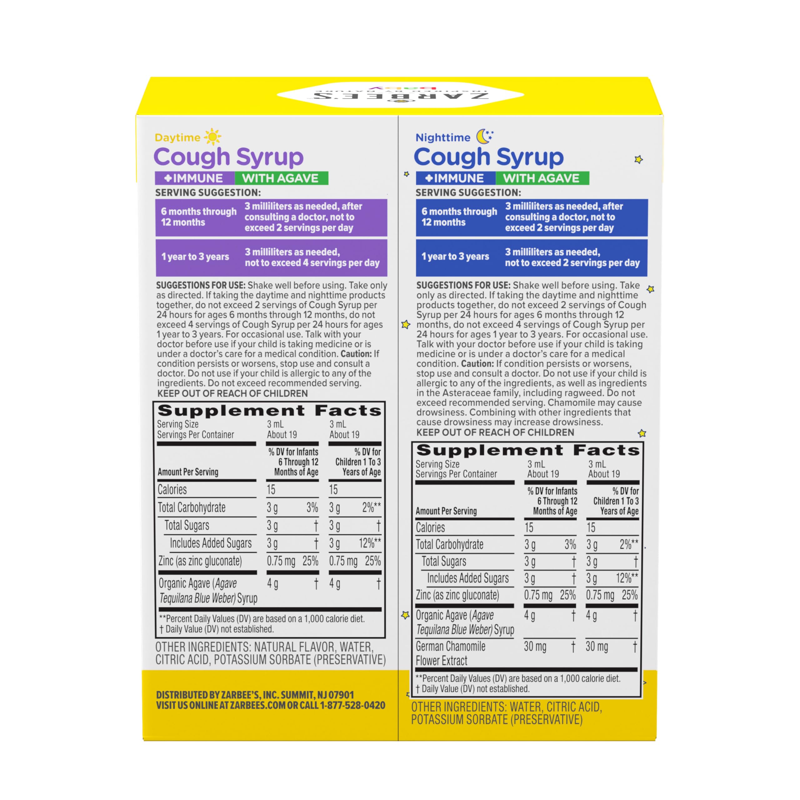 Zarbee’s Baby Day & Night Cough Medicine & Syrup Value Pack with Organic Agave + Zinc for Immune Support, Natural Grape Daytime & Chamomile Nighttime, Baby Cough Medicine, 2 x 2 fl oz