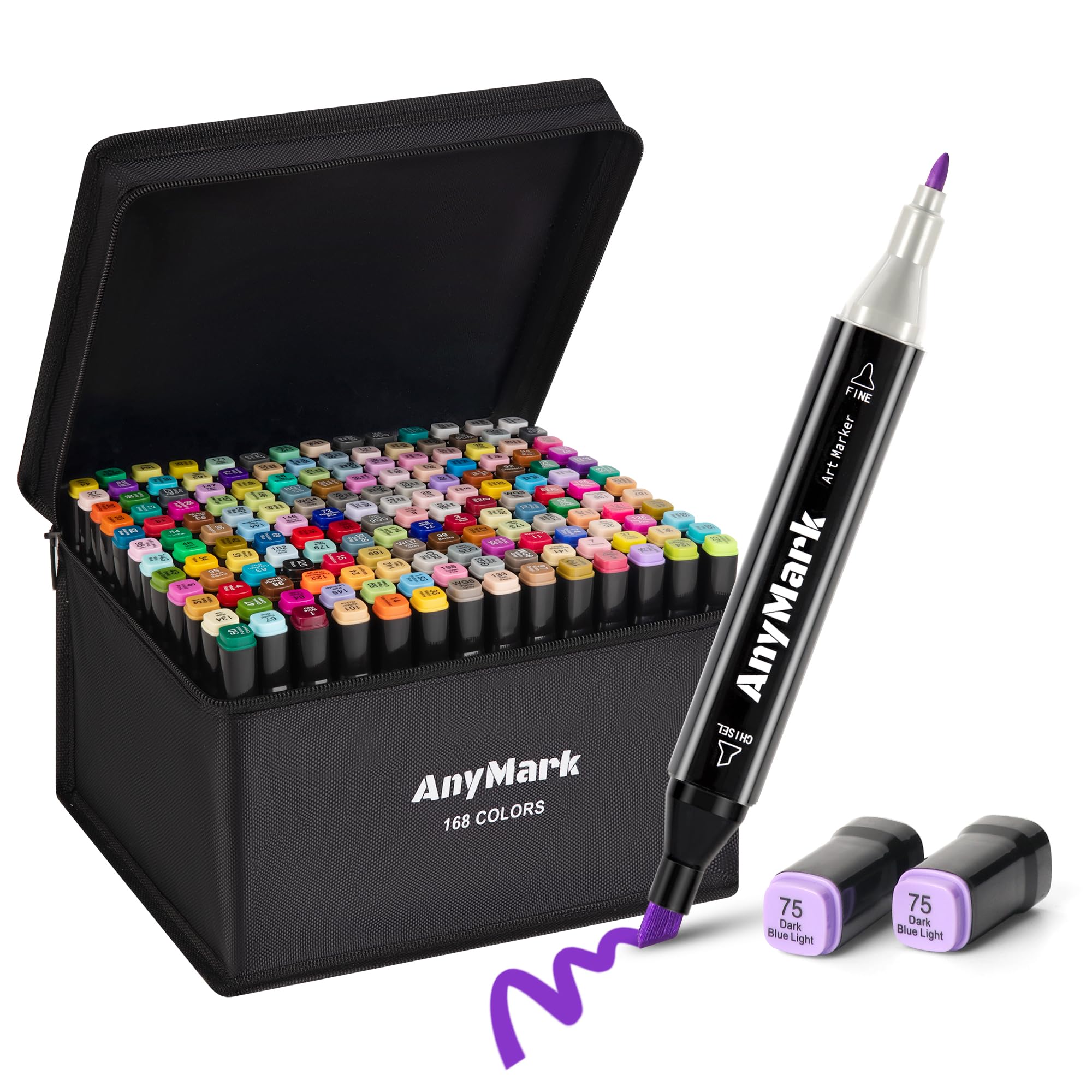 AnyMark Alcohol Markers, 168 Colors Dual Tip Art Coloring Markers Set for Adult Book Drawing Sketching Painting, Chisel & Fine, Black Penholder Image