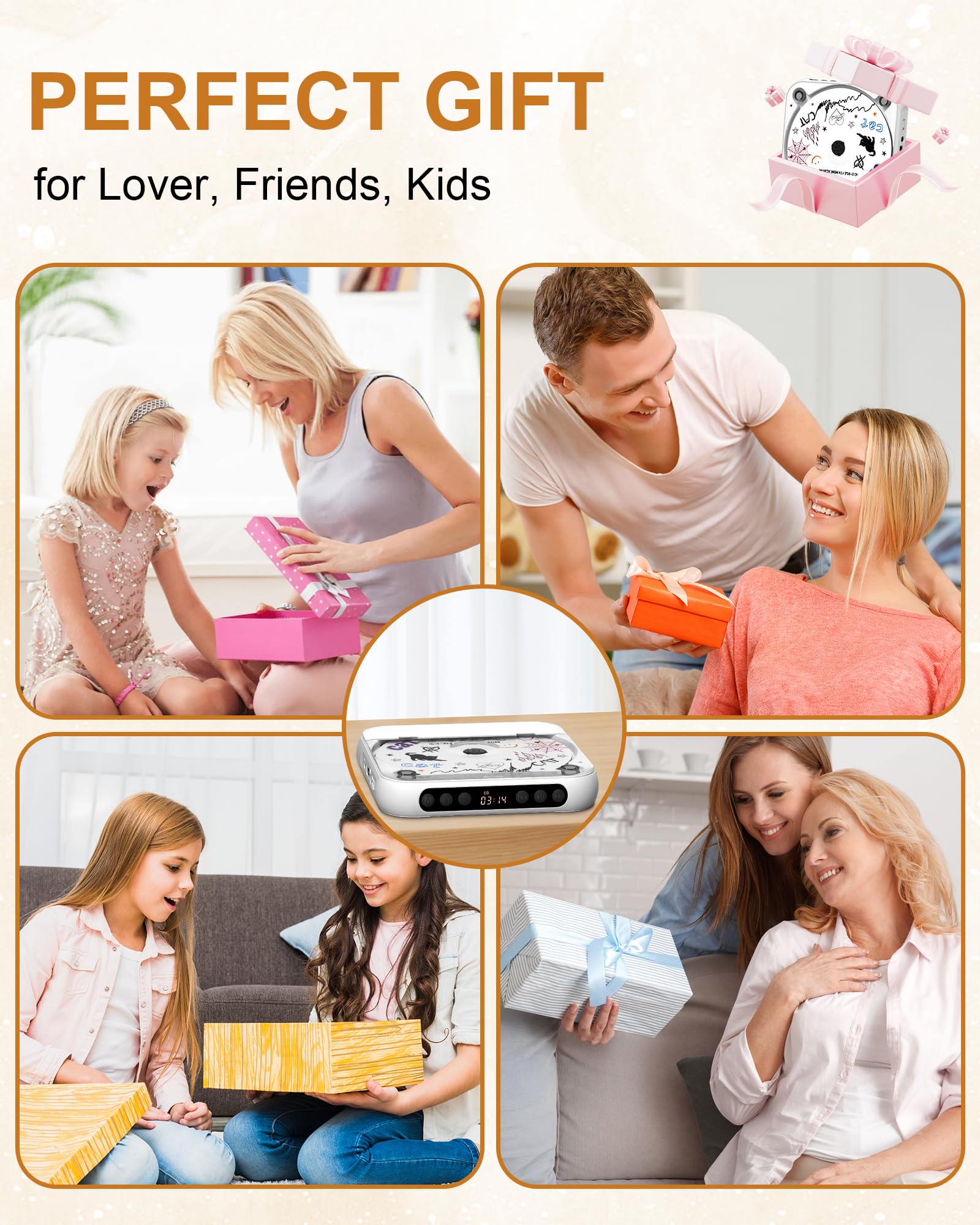 ENVYCLOUD CD Player Portable with Dual Stereo Speakers, Rechargeable Portable CD Player with Bluetooth for Home with Headphones, Support CD/AUX/USB, White