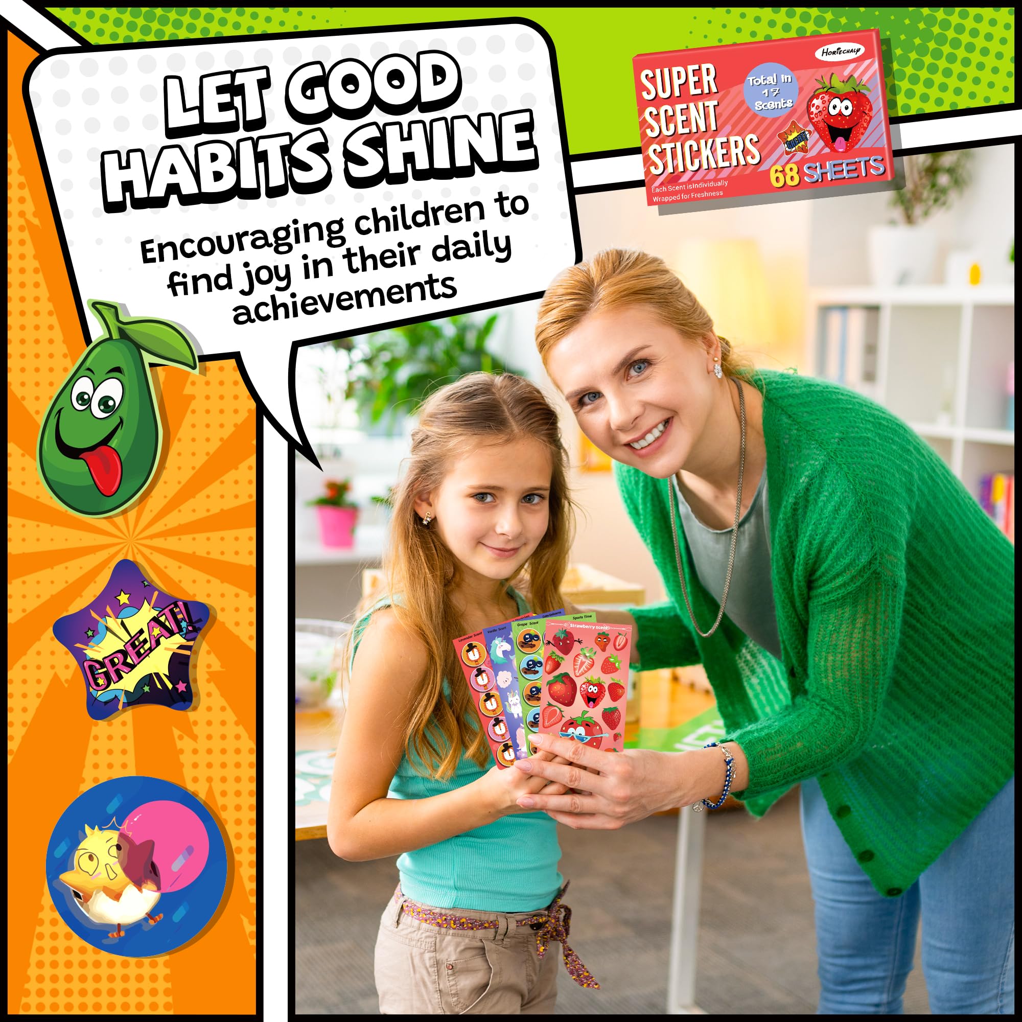 HORIECHALY Scratch and Sniff Stickers, Smelly Stickers for Kids 68 Sheets 17 Scents, 1000+ Cute Scented Pattern of Food Fruit Flower, Classroom Reward for Teachers, Holiday Gift for Little One.