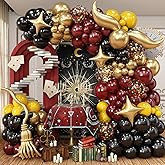 HILAVO Black Burgundy Gold Balloons Garland Kit Burgundy Maroon Black Metallic Confetti Balloon Arch with Gold Long Balloon Star Foil Balloons for Halloween Birthday Baby Shower Party Decor