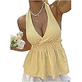 WDIRARA Women's Deep V Neck Sleeveless Halter Top Tie Backless Ruffle Peplum Tank Tops