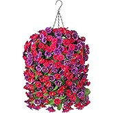 INXUGAO Artificial Flowers with Hanging Basket, Outdoor Faux Plants Silk Morning Glory Vines, Fake Green Arrangement for Garden Patio Spring Summer Decor(Hot Pink Purple)