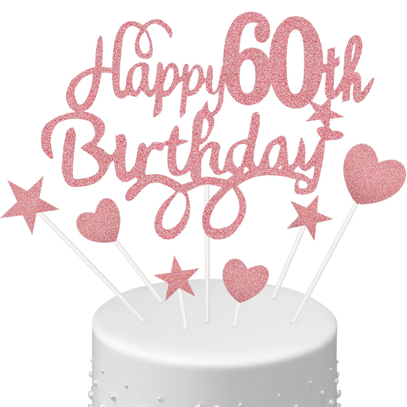 Boao 8 Pcs Happy 60th Birthday Cake Toppers Sets Include 2 Rose Gold Cake Pick Star 3 Heart Decor Personalised Glitter Birthday Party Decorations for Women Mum