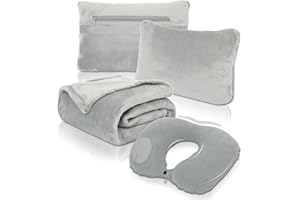 VOTOWN HOME Travel Blanket and Pillow Set - Portable Inflatable Travel Neck Pillow and Premium Soft Airplane Blanket with Built-in Soft Bag, Neck Snaps, Zippered Pouch, and Hand Luggage Strap,70" x 40" (Grey)