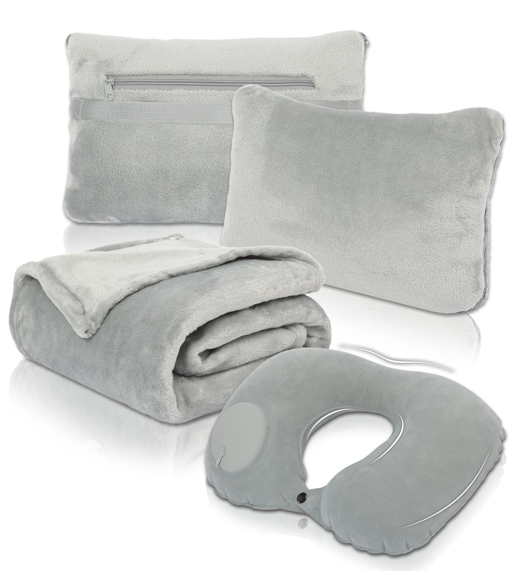 Photo 1 of Travel Blanket and Pillow Set - Portable Inflatable Travel Neck Pillow and Premium Soft Airplane Blanket with Built-in Soft Bag, Neck Snaps, Zippered Pouch, and Hand Luggage Strap,70" x 40" (Grey)