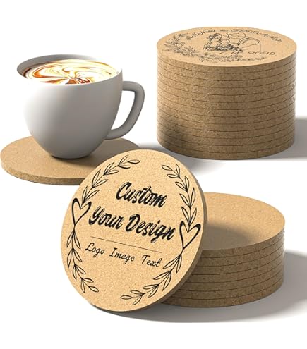 Shueewago Lot De 30 à 100 Sous-verres En Liège Personnalisés Pour Boissons, Ronds De 10,2 Cm, Cadeaux De Mariage Pour Invités, Dessous De Verre Personnalisés En Vrac Avec Image Ou Logo Gravé