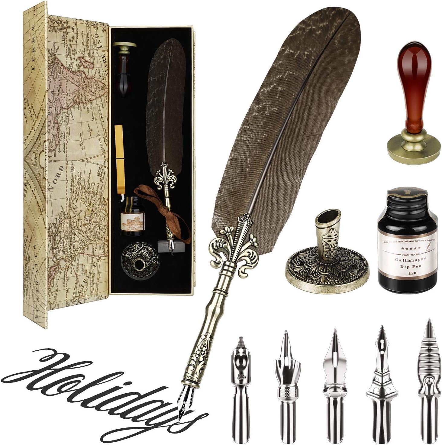 GC QUILL 1949949 Quill Pen and Ink Set, Vintage and Handmade Nib with Ink, Antique Dip Pen, Perfect for Beginners, Christmas Gift, Black