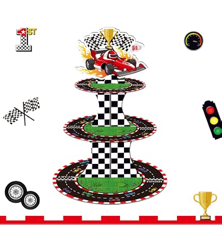 9PCS Race Car Cupcake Stand Set 3 Tier Cardboard Display 1
