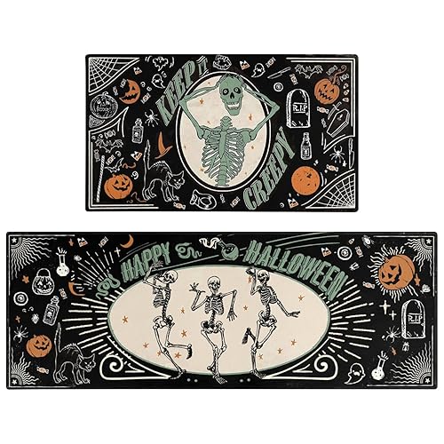 Faptoena Halloween Kitchen Mat Set of 2,Happy Halloween Skeleton Creepy Mats and Rugs Non Skid Washable for Kitchen Home Decor,Halloween Decorations and Accessories (17"x47"+17"x30")
