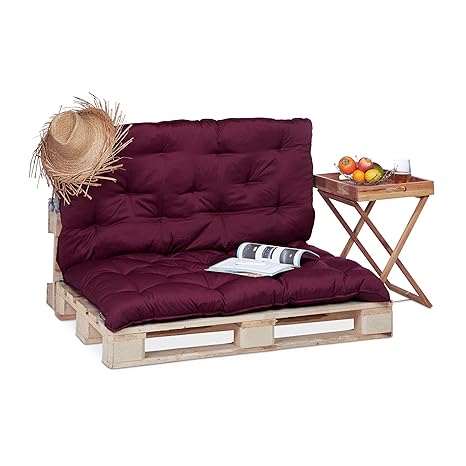 Relaxdays Palettenkissen für den Garten, Polsterauflagen für Europaletten, gestepptes Kissen mit Rückenlehne, rot