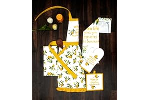 AMOUR INFINI Citrus Splash 5 Pack Kitchen Set |100% Cotton Washable Set of Apron,2 Kitchen Towel, Oven Mitt and Pot Holder |Baking,Grilling,Party,Everyday Cooking Set|Thanksgiving,Christmas Fall Gift