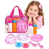 BABESIDE Baby Doll Accessories, 10 Pcs Doll Diaper Bag with Magic Bottles | Includes Pacifiers, Doll Diaper and Pretend Play Feeding Accessories for Dress-Up and Care Play, Gift for Ages 3+