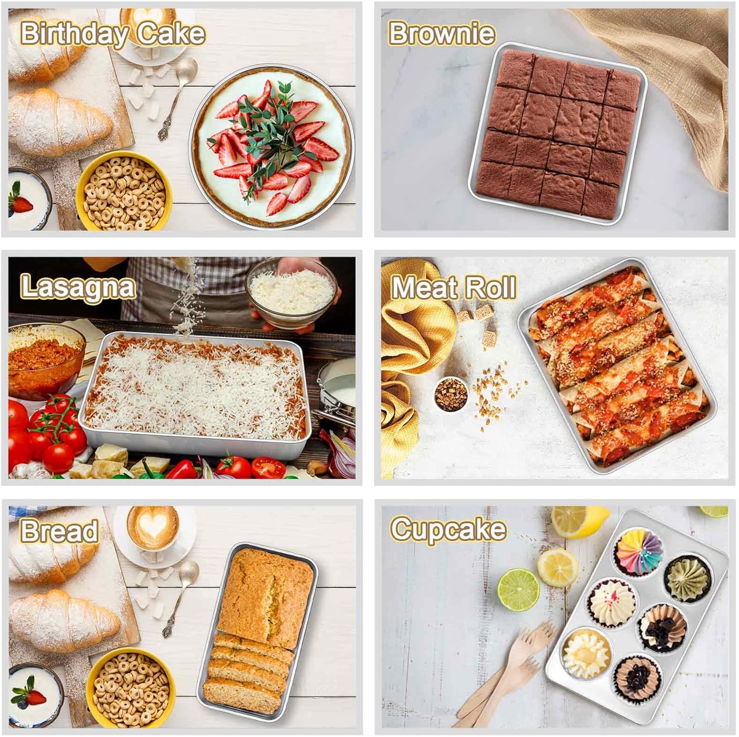 TeamFar Stainless Steel Bakeware Set of 8, Baking Roasting Toaster Oven Pans, Lasagna/Square/Round Cake Pan, Loaf Pan & Muffin Pan, Non-Toxic & Durable, Smooth & Dishwasher Safe: Kitchen & Dining