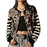 SOLY HUX Women's Leopard Cardigan Sweater Y2k Striped Button Down Long Sleeve Crewneck Colorblock Trendy Tops