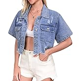 Muundim Women's Short Sleeve Jean Jacket Cropped Distressed with Frayed Hem Denim Jackets Top Plus Size