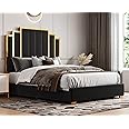 HOWE Queen Size Bed Frame and 61" Headboard, Upholstered Bed with Golden Plating Trim, Modern Platform Bed No Box Spring Needed, Black