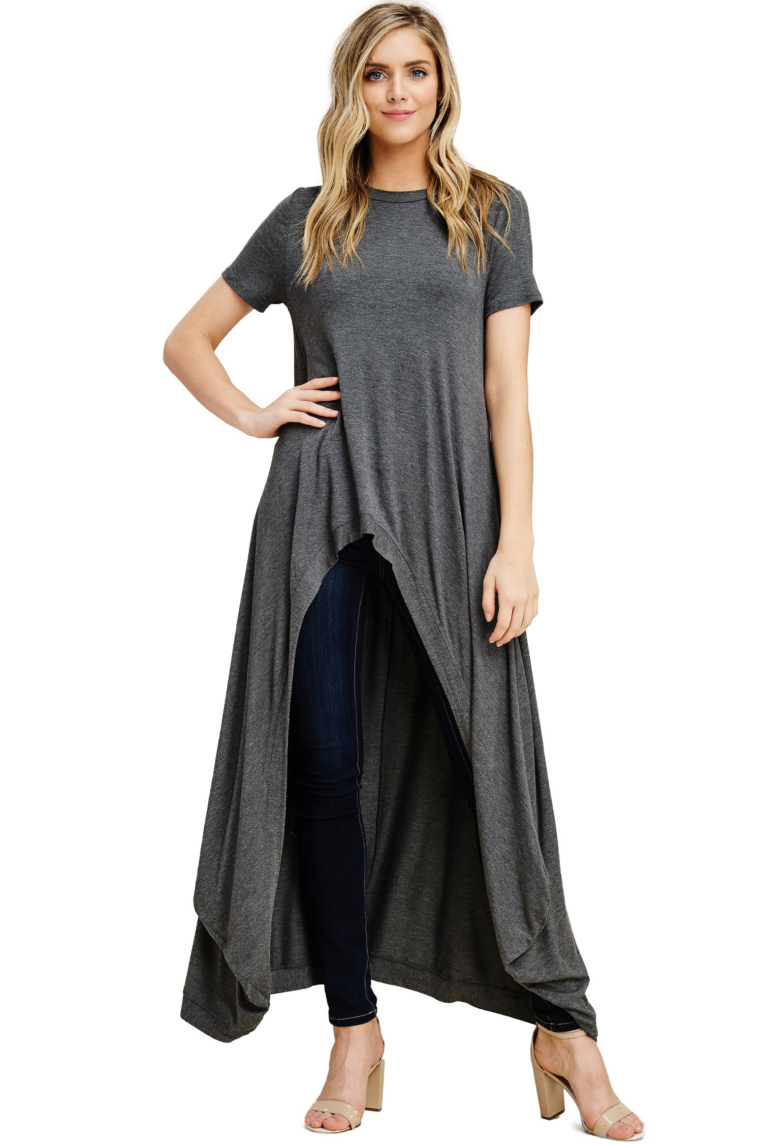 Annabelle Women's Comfy Short Sleeve Round O Neck Long Hi-Lo Maxi Tunic Tops S-3XL