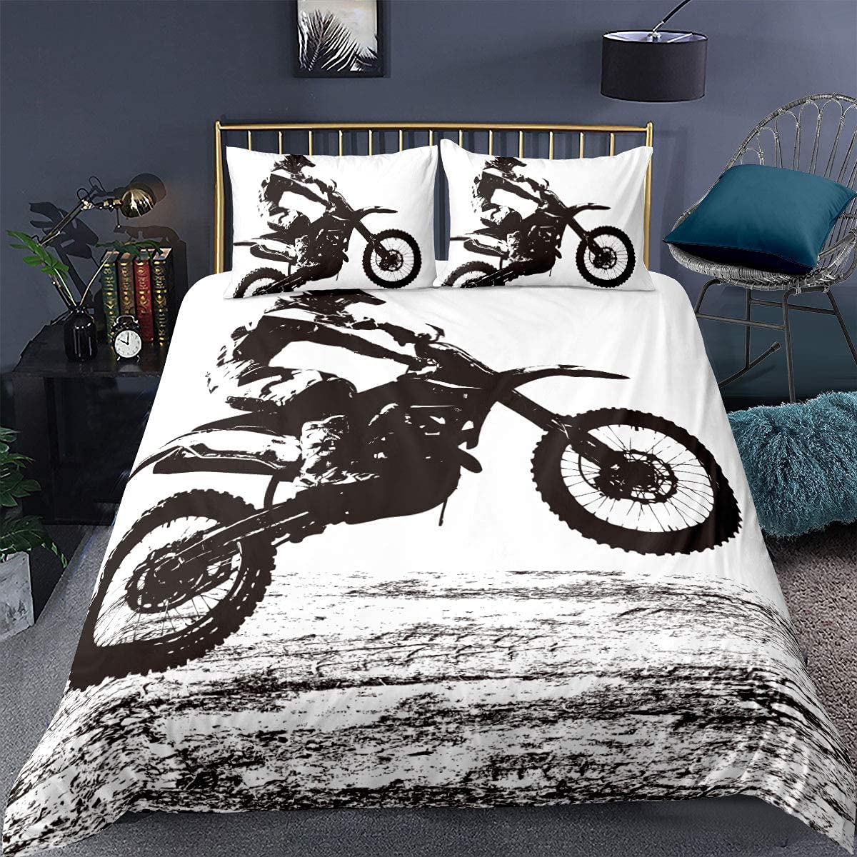 Homemissing Dirt Bike Bedding & Linen,Sports Biker Motocross Racing Moves,Cool Teen Boys Decorative Bedding Set Single Size,Black and White
