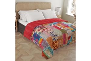 Marubhumi Handmade Cotton Quilts Kantha Blanket Indian Silk Sari Patchwork Quilts (Multicolor, King (108"x 108"))
