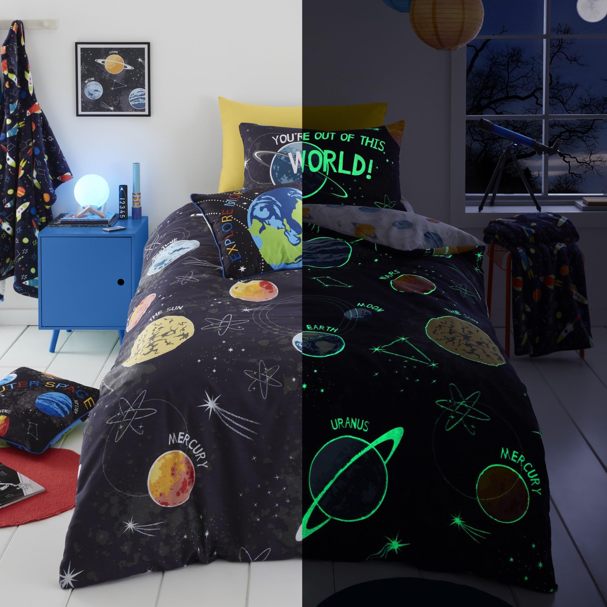 Bedlam Glow in the Dark Space Duvet Cover Set – Single Size 135x200cm – Reversible Galaxy & Planet Design – Solar System Bedding for Boys – Universe Theme with Pillowcase, Black