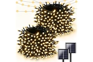 YIQU 2 Pack Super Long Solar Christmas Lights Outdoor Waterproof, 400 LED 144FT Solar String Lights with Green Wire 8 Lighting Modes, Mini Led Twinkle Light for Xmas Tree Fence Yard Party Decor, Warm White