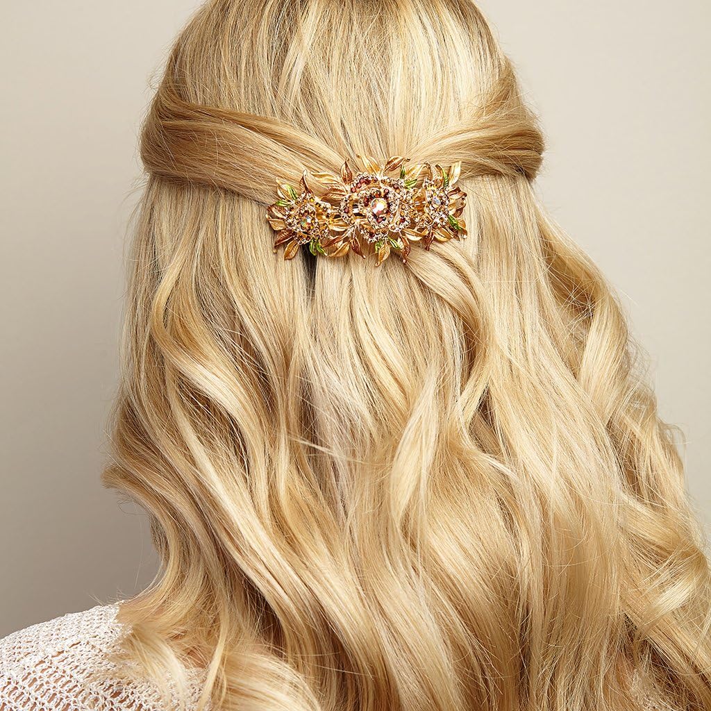 Flower Hair Clip Crystal Hair Clip Large Hair Grip with Extra Sparkly Diamante by QueenMee (Brown)