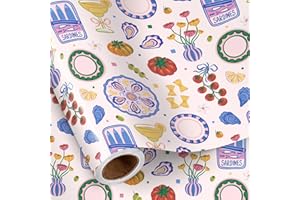 RUSPEPA Summer Food-Themed Wrapping Paper Roll, Mini Roll, Mediterranean Dinner Design with Sardines Plates & Cocktail Elemen