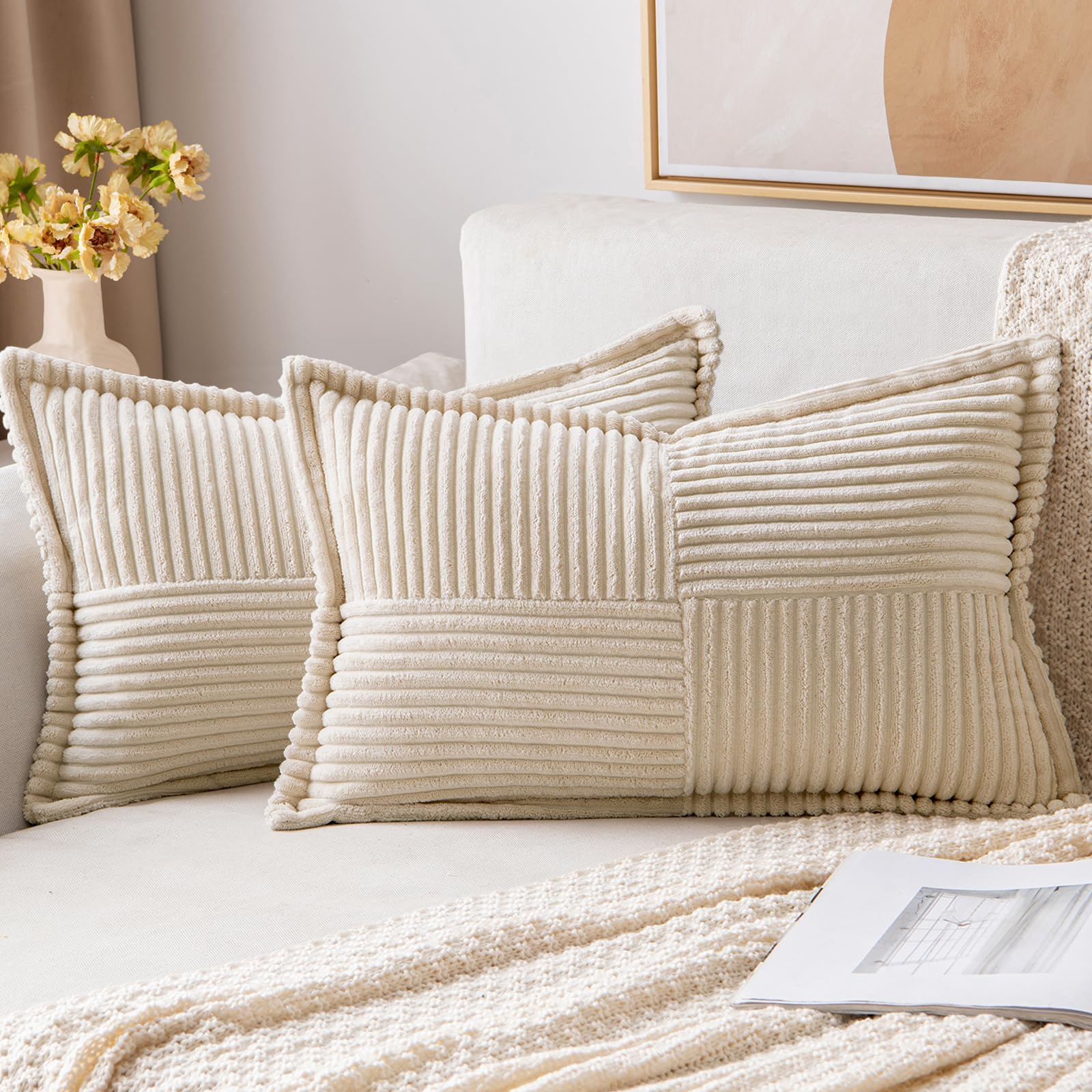 MIULEE Corduroy Cushion Covers Pack of 2 Decorative Modern Patchwork Throw Pillow Covers Soft Pillowcase Cushions Spring decor Sofa Couch with Invisible Zipper 12x20 Inch Creme 30x50 cm