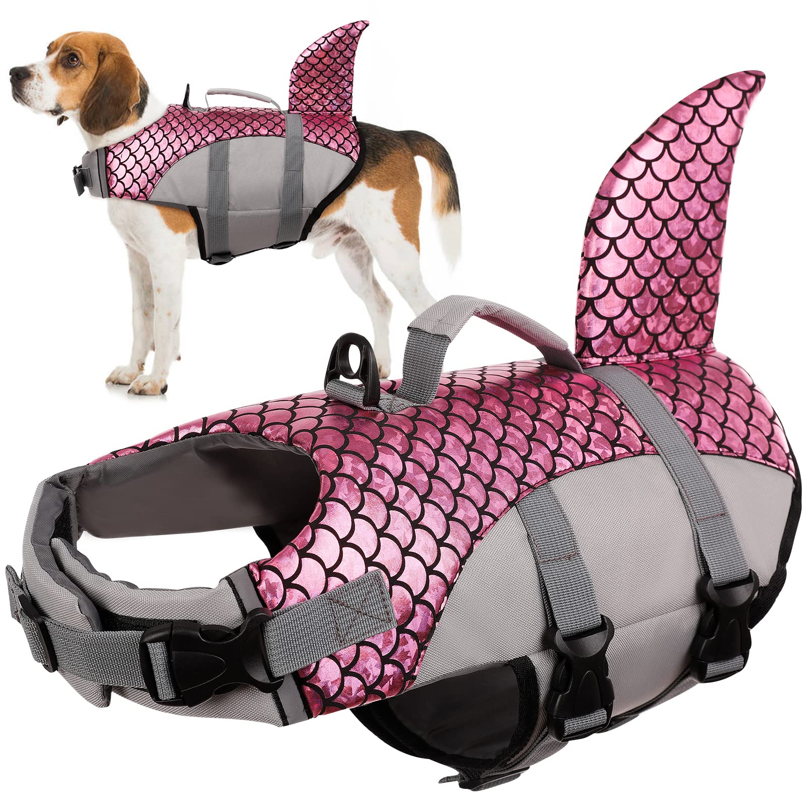 Dog Life Vest, Summer Dog Float Coat Dog Life Jacket High Visibility Swimwear Protection Water Safety for Swimming, Boating, Surfing, Sailing, Water Sports(Pink, L)