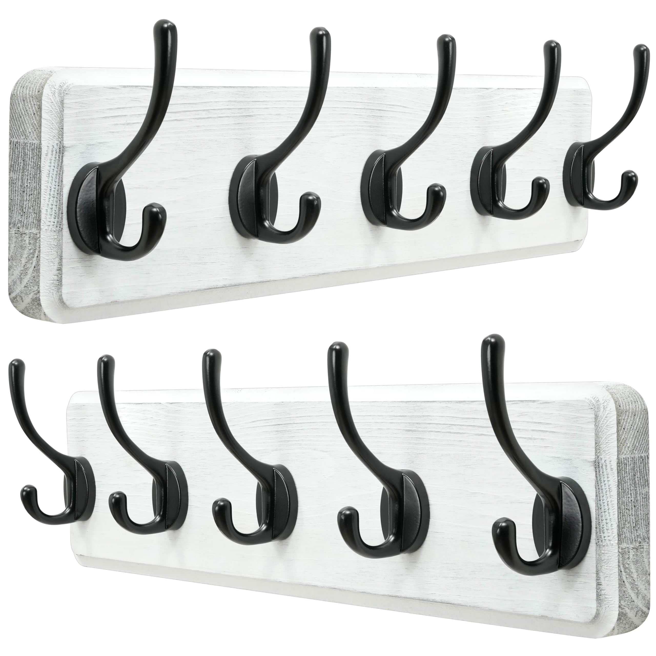 Dseap Coat Rack Wall: Patented, Heavy-Duty, 5-Double-Hooks Wooden Wall Mounted Coat Rack Coat Hanger Hook Rail for Winter Coats Hat Jacket Clothing, White & Black, Pack of 2