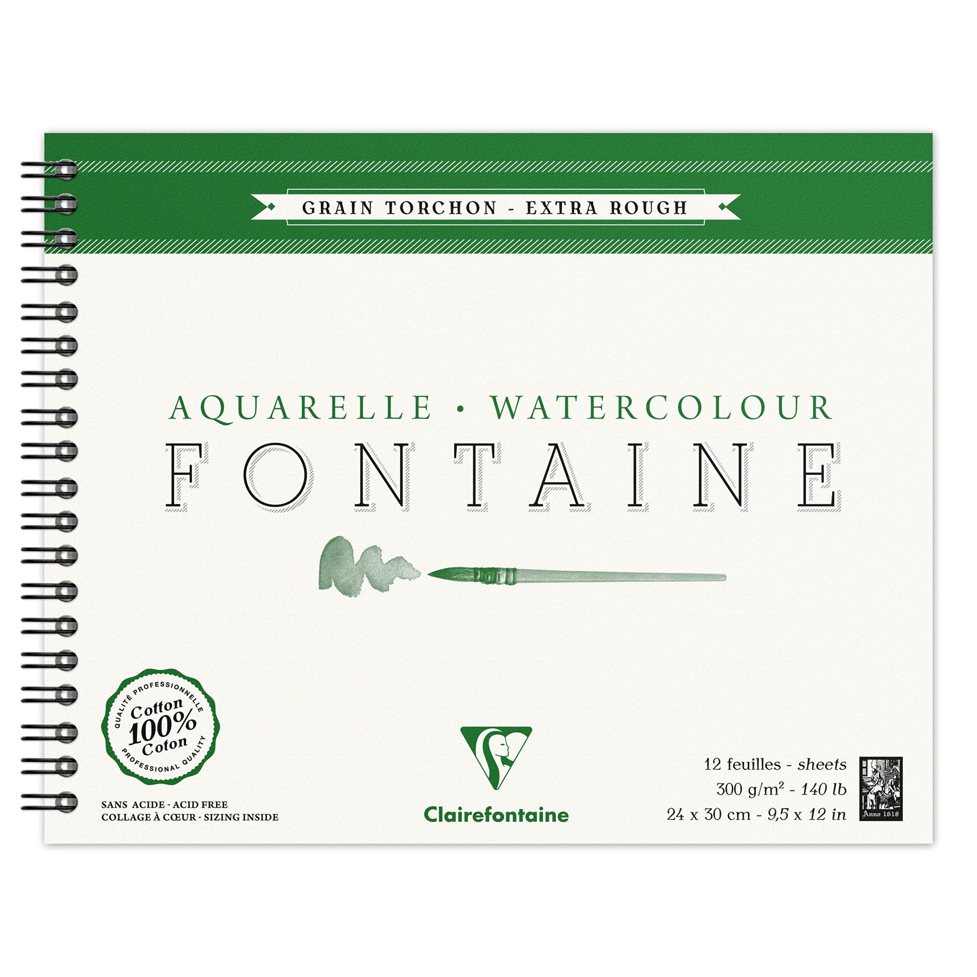 Clairefontaine - Ref 96321C - Fontaine Extra Rough Watercolour Wirebound Pad (12 Sheets) - 24 x 30cm Size, 300gsm Paper - Suitable for Watercolour Artwork
