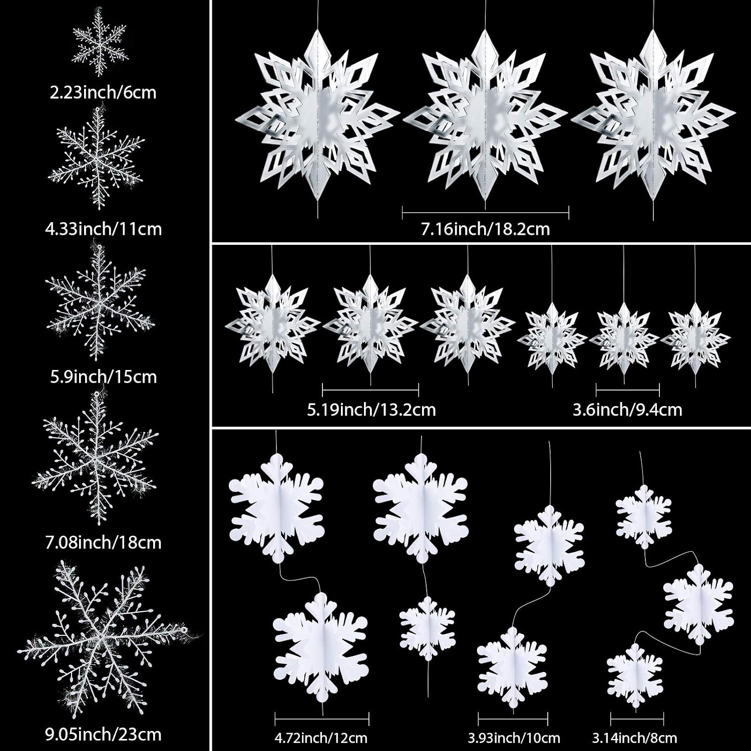 Outus 42 Pcs Winter Christmas Party Decorations 3D Snowflake Hanging Decoration Set 3D Hanging Snowflake Decor Pendant for Christmas Winter Party New Year Home(Assorted Sizes,White - Image 3