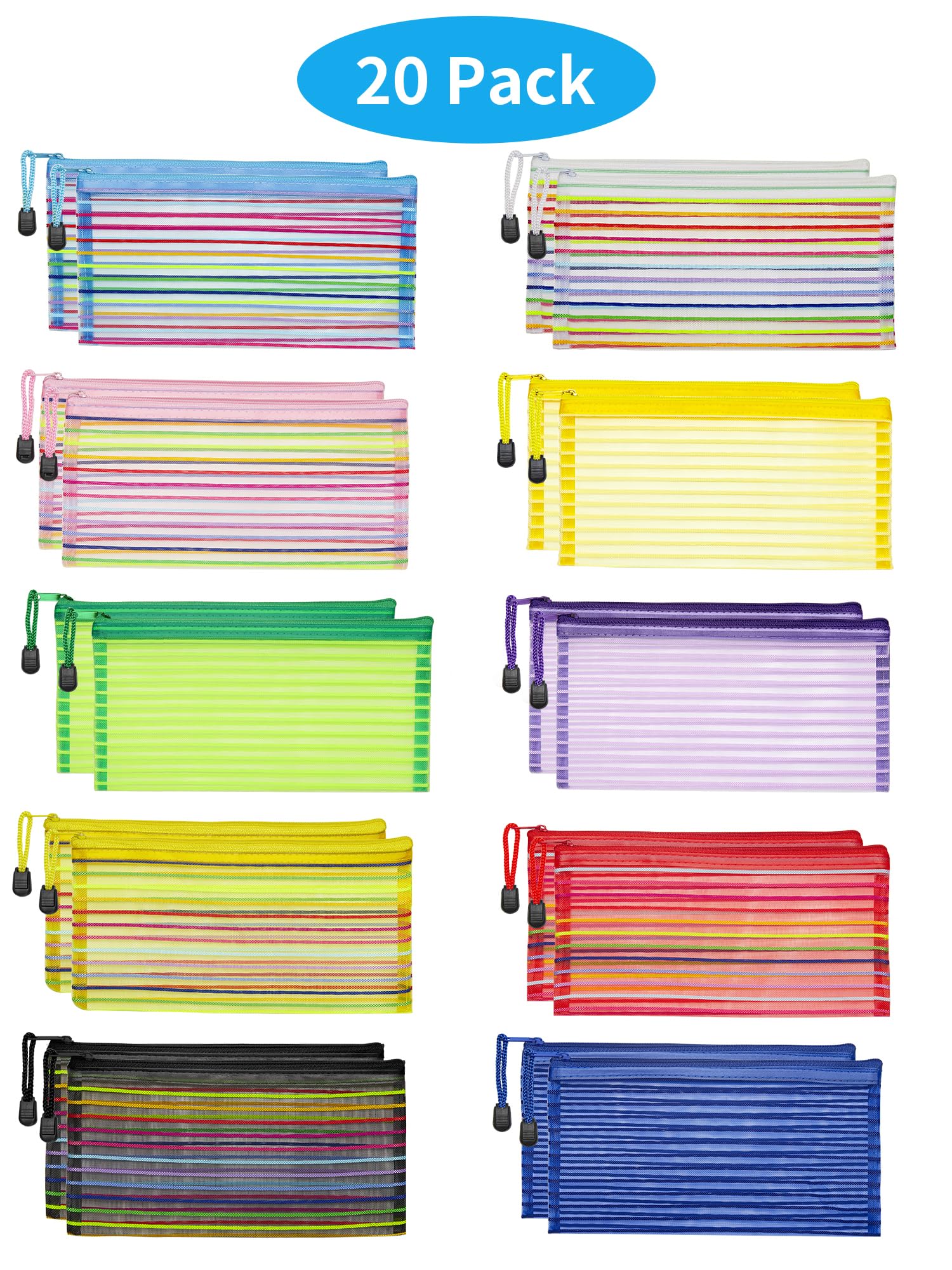 JARLINK 20 Pack 10 Colors Zipper Mesh Pouch, Zipper Bag Multipurpose Travel Bags for Office Supplies Cosmetics Travel Accessories Multicolor