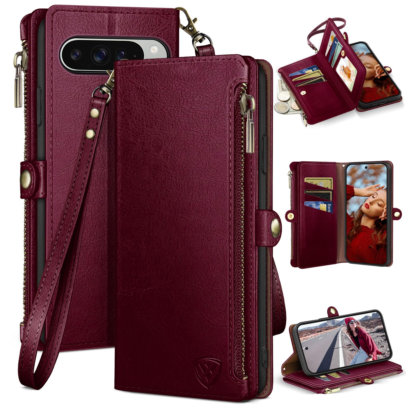 Photo 1 of XcaseBar compatible with ?Google Pixel 10 Pro XL 6.8" Wallet case with Zipper Credit Card Holder?RFID Blocking?,Flip Folio Book PU Phone case Shockproof Cover Women Men for Pixel 10ProXL case Wine Red