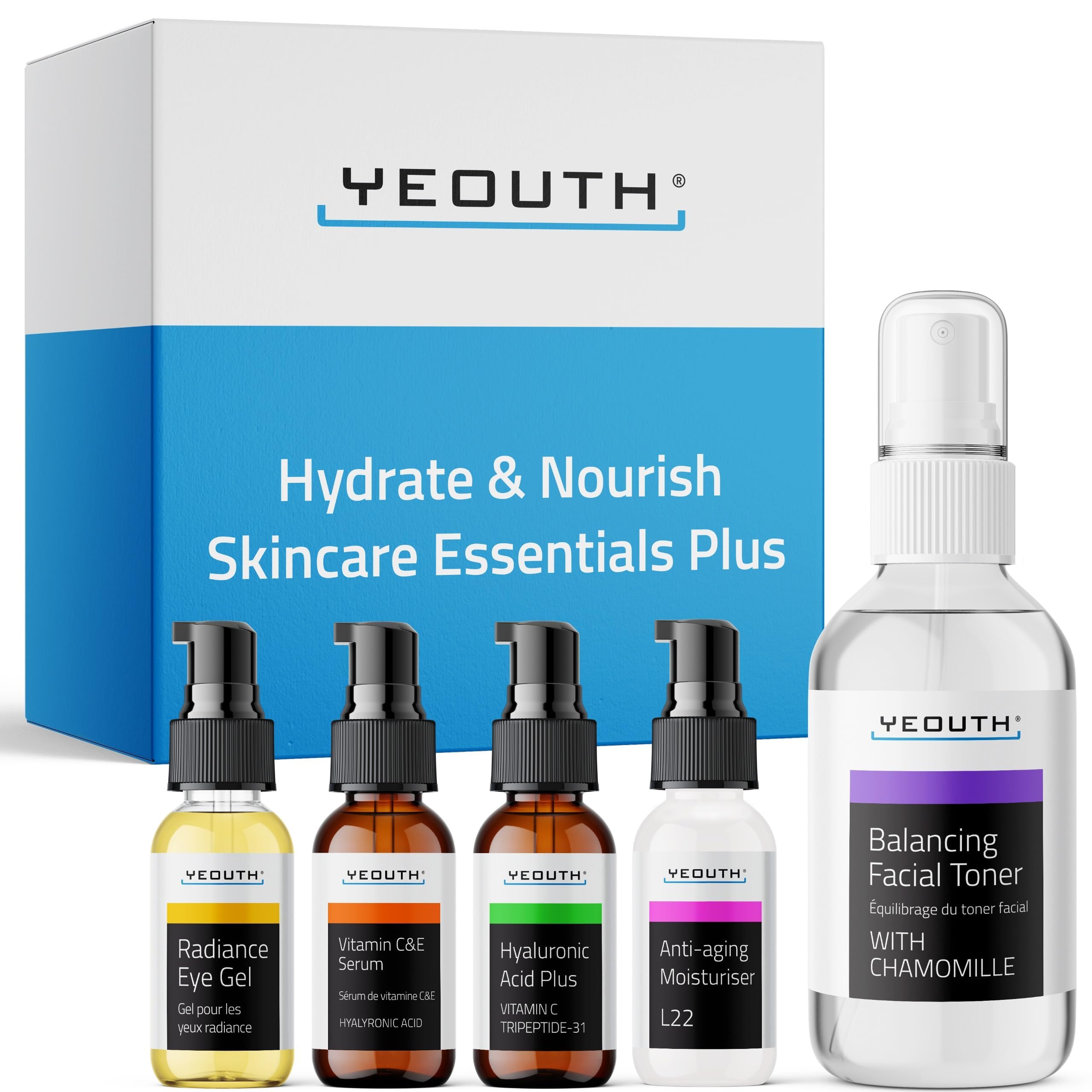 YEOUTH Valentines Day Gifts Skin Care Set: Hyaluronic Acid Serum for Face, Vitamin C Serum, Facial Toner, Under Eye Gel, Face Cream, Skincare Gift Set for Women & Men 5-Piece