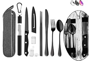 Hommaly Portable Travel Reusable Utensils Silverware with Case,Travel Camping Cutlery set,Chopsticks and Straw Flatware, Stainless steel Utensil set (Black) U